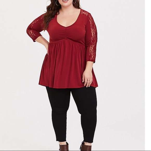 torrid Tops - Dark Red Studio Knit & Lace Babydoll Top